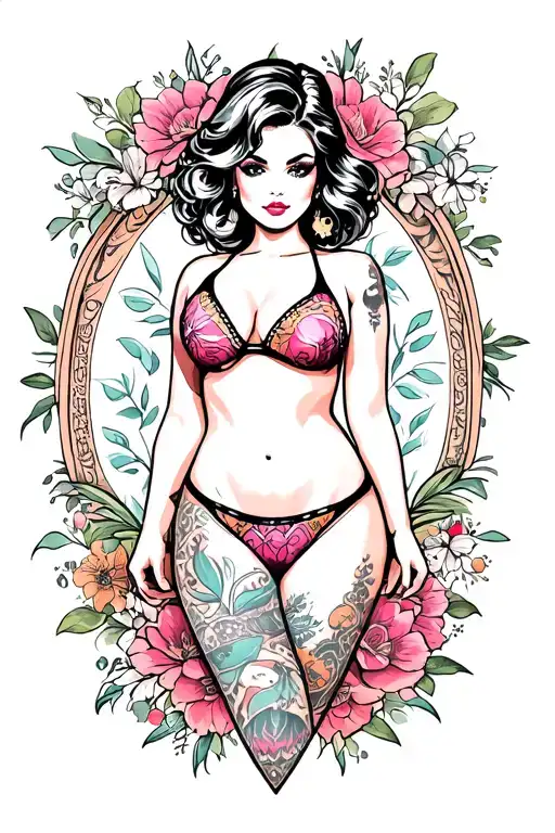 Traditional tattoo style   all body tattooed pinup  cartoon bikini woman for front of man thigh.  tattoo design idea