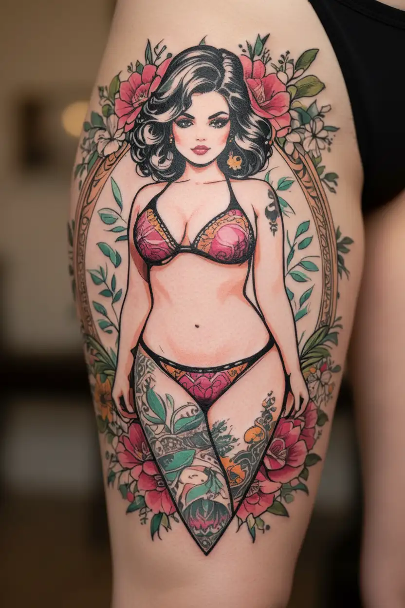 Traditional tattoo style   all body tattooed pinup  cartoon bikini woman for front of man thigh.  tattoo design idea