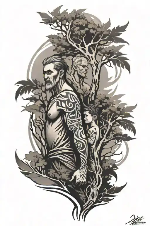 tribal sleeve with trees and a father and son holding hands tattoo design idea