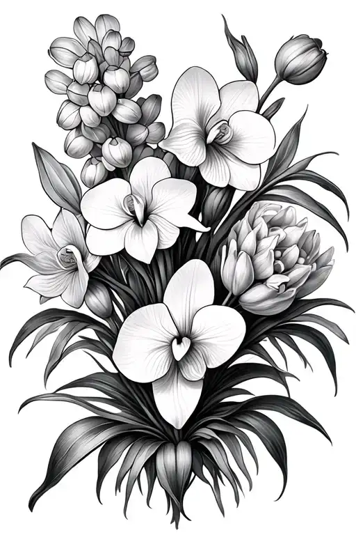 Flowers Bouquet with Meiklokjes, Tulp, Hyacinth and an Orchid tattoo design idea
