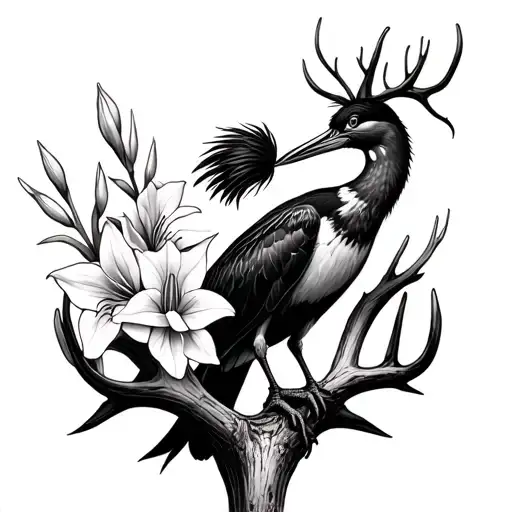 Cormorant standing on a deer antler wrapped in gladiolus flower tattoo design idea