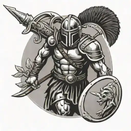 standing Roman hoplite wearing M1956 web gear holding a spear and shield with a AK-47 in hand tattoo design idea
