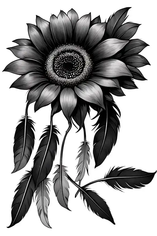 sunflower head six Indian feathers hanging upside tattoo design idea