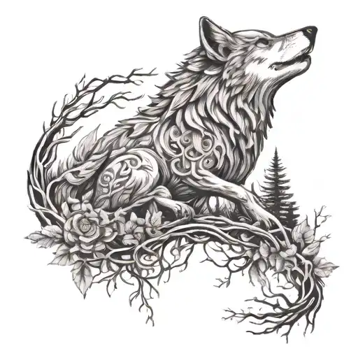 Druid mixed with nature elements like trees and wolf tattoo design idea