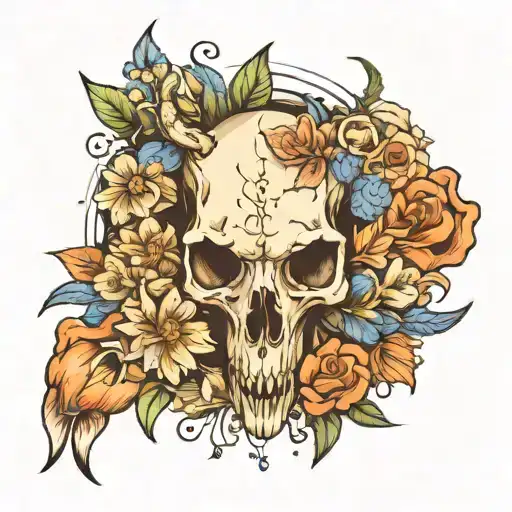 animal skull surrounded by flowers  tattoo design idea