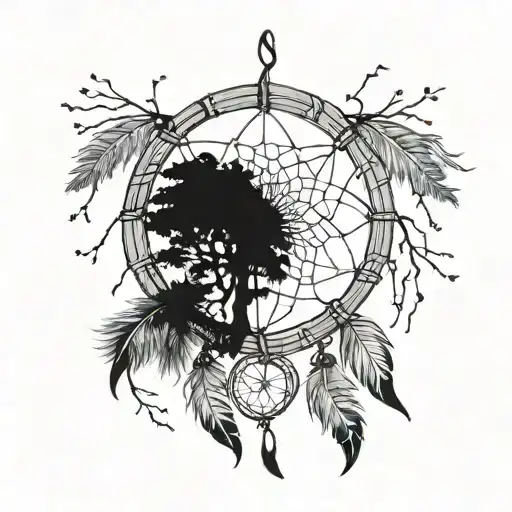 dream catcher with 3 feathers hanging.  inside the dream catcher is tree of lifr and cross  tattoo design idea
