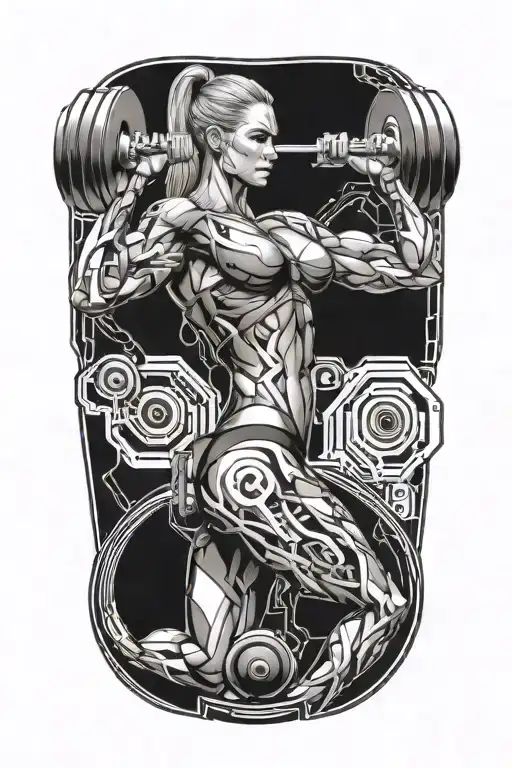 bodybuilder muscular women lifting weight dumbell with technology circuits vectors board merging tattoo design idea