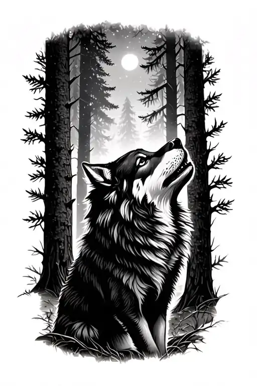 wolf howling in woods scene inside tattoo design idea
