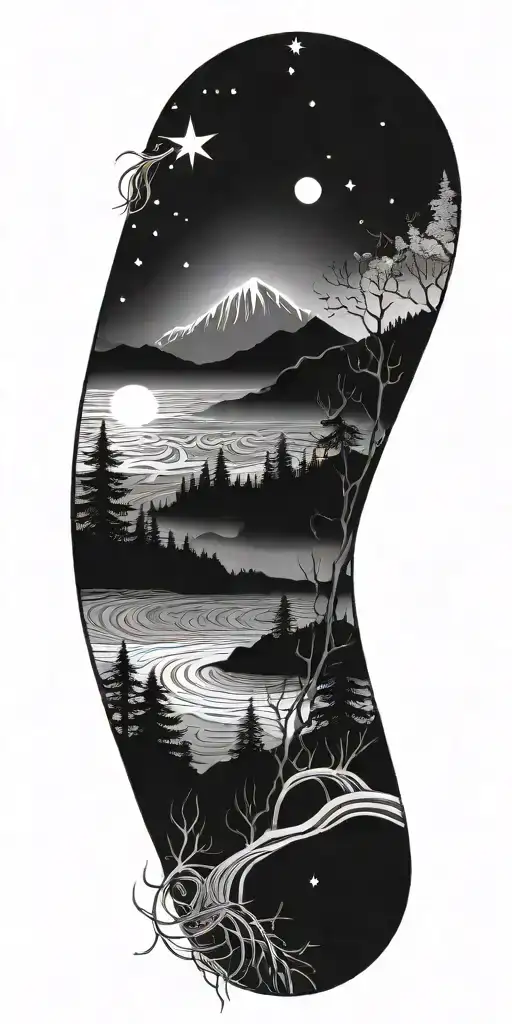 flowing waves, surrounded by a mystical forest scene,subtle elements of sacred geometry and glowing stars and light tattoo design idea