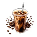 RealisGeometric Iced coffee tattoo in a disposable cup dlat lid with straw and Ice cubes with coffee bean around Colored tattoo design idea