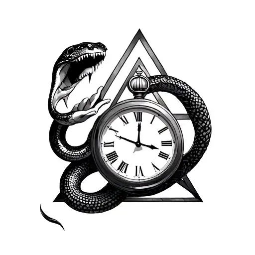 Illuminati and clock with snake biting hand reaching tattoo design idea