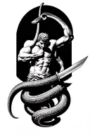 Man fighting snake wrapped around his arm, holding dagger. Take inspiration from Hercules fighting Achelous statue tattoo design idea