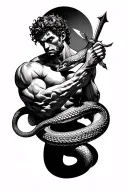 Man fighting snake wrapped around his arm, holding dagger. Take inspiration from Hercules fighting Achelous statue tattoo design idea