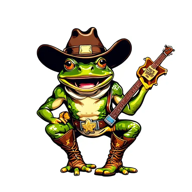 frog in cowboy hat, sheriff badge, western boots tattoo design idea