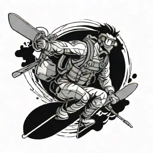 a guy who does mountaineering, skiing, surfing, paragliding and scuba diving tattoo design idea