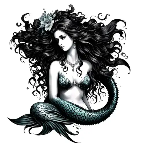 traditional lady head as a mermaid sitting tattoo design idea