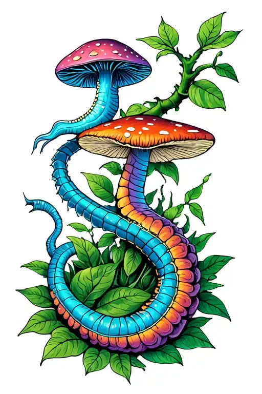 ayahuasca vine and psilocybin mushroom with blue worm from labrynth tattoo design idea