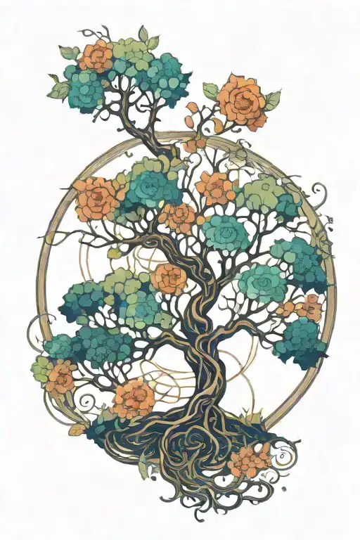 A cosmic tree of life intertwining with the Fibonacci sequence, symbolizing the interconnectedness of all living things tattoo design idea
