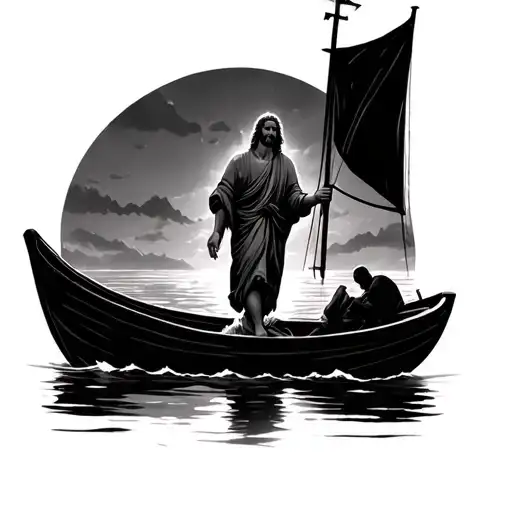 Peter walking out the boat to Jesus walking on water tattoo design idea