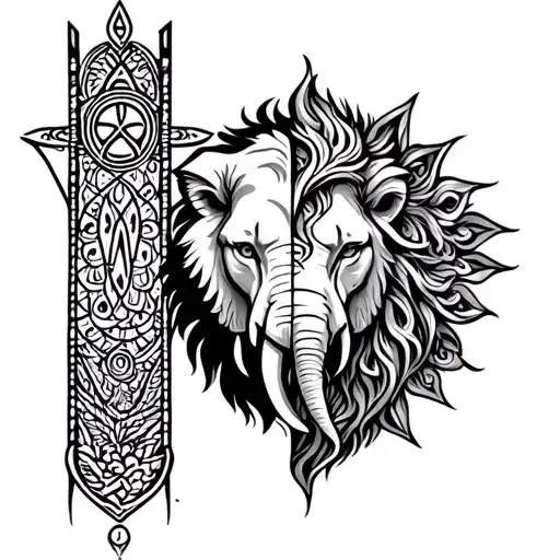 half lion half elephant head, intertwine in a Hamsa with a Triquetra tattoo design idea