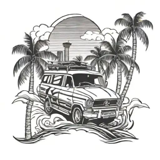 Miami car boat palm trees tattoo design idea