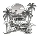 Miami car boat palm trees tattoo design idea