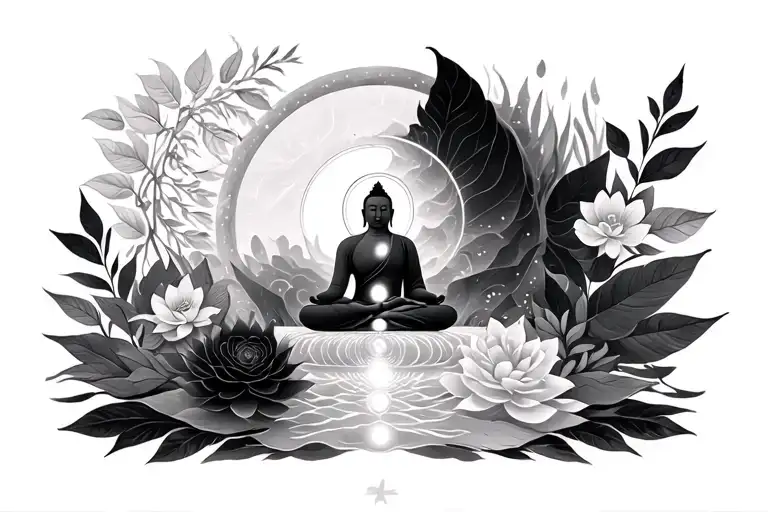 CHAKRAS OF LIFE WITH BUDDHIST TOUCH OF NATURE tattoo design idea