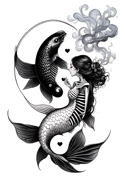 yin yang koi fish skeleton and woman smoke Chinese symbol love tattoo design idea