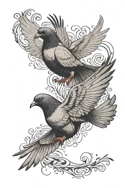 two pigeons flying, one is above other, facing eachother, on fying downards, other one flying upwards, blackwork, neotra tattoo design idea
