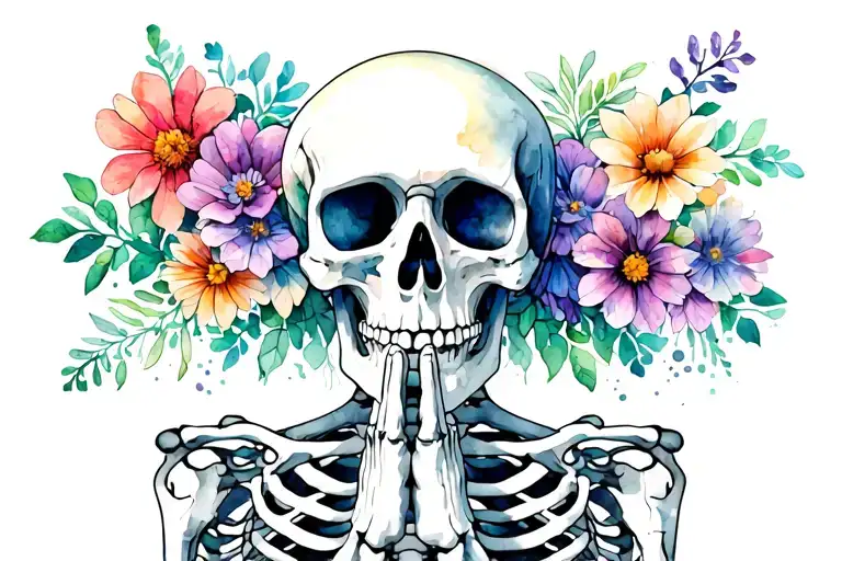 praying skeleton with growing flowers in ribs tattoo design idea