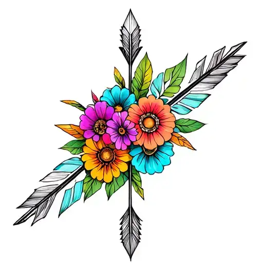A sketch style tattoo of indigenous arrows intertwined with colorful flowers, representing love for her four children  tattoo design idea