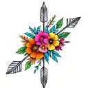 A sketch style tattoo of indigenous arrows intertwined with colorful flowers, representing love for her four children  tattoo design idea