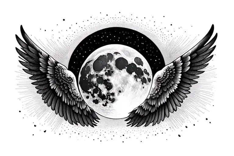 blended moon, one wing above, one wing below arched in different direction, writing in the middle, passing in the moon tattoo design idea