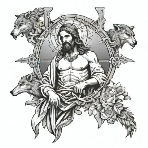 jesus crist s on cross, wolf and virgin horoscope incorporated tattoo design idea