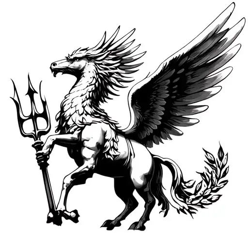 A tattoo combining the wings of a griffin and Pegasus, Poseidon with his trident, and a laurel wreath either complete or semi-complete tattoo design idea