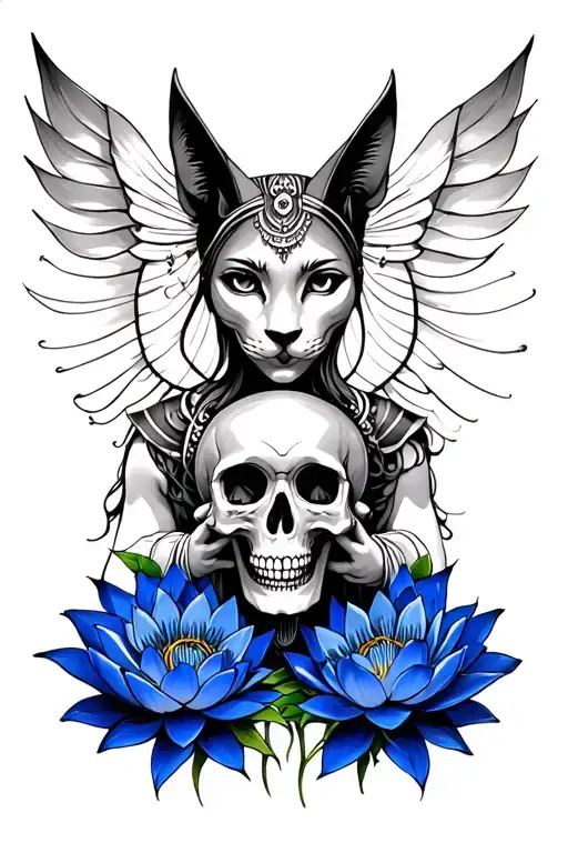 Bastet goddess holding a skull in her hands with blue lotus flowers tattoo design idea