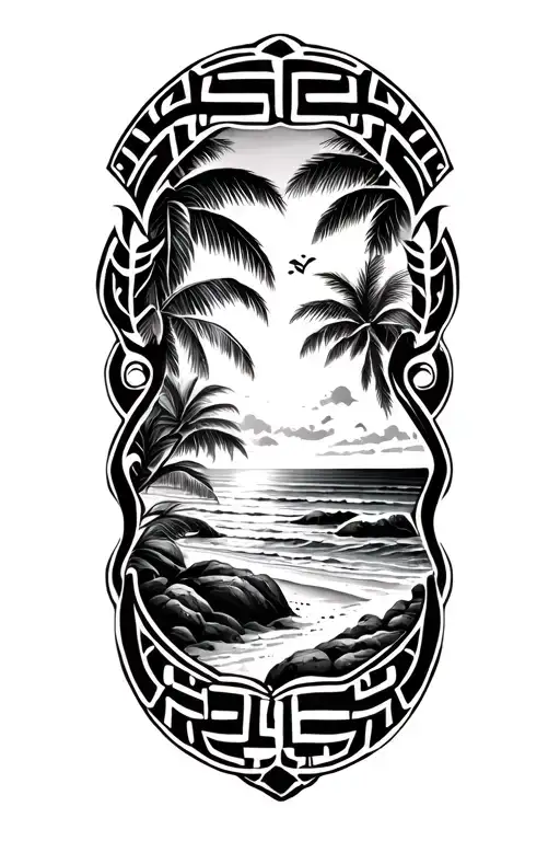   Greek key arm band worked into tribal tattoo with beach scene  tattoo design idea