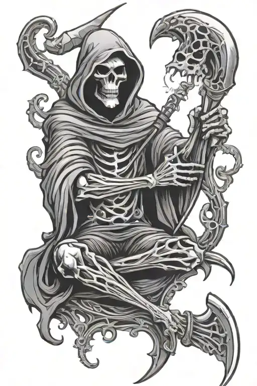 Grim reaper smoking with a dildo on sickle illuminated tattoo design idea