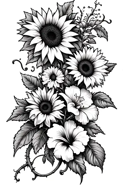 this vine wrapping with sunflowers, Lilly's, hibiscus flowers, and Venus fly trap flowers spaced out on the vine tattoo design idea