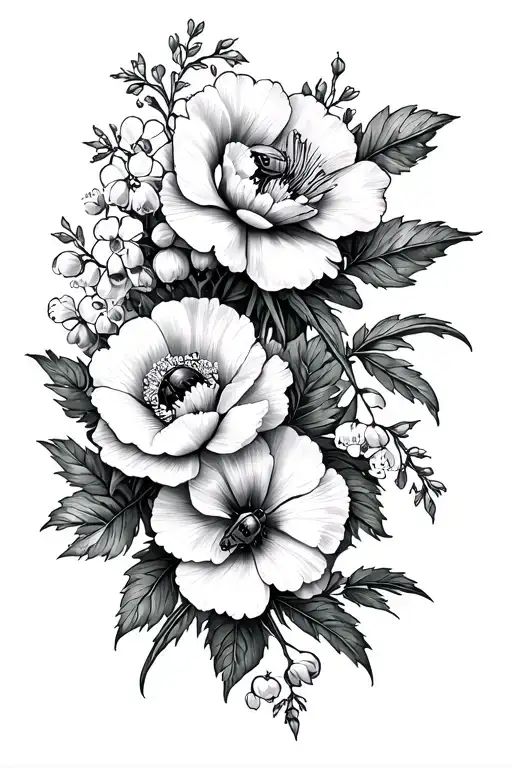 Floral sleeve with 2 peony flowers, Lilly of the valley, poppies, morning glories & a little beetle on a leaf tattoo design idea