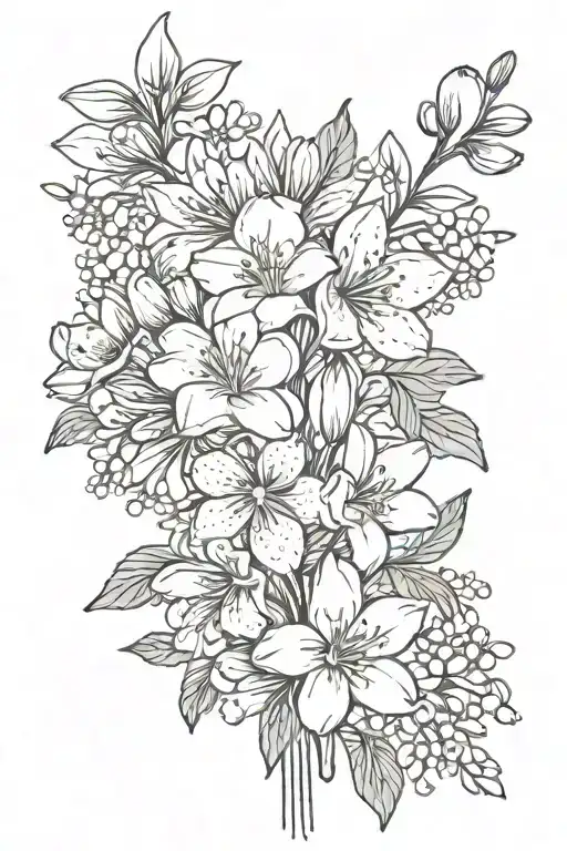 birth flower bouquet march and april with cherry blossoms, snow drops, violets, greenery tattoo design idea