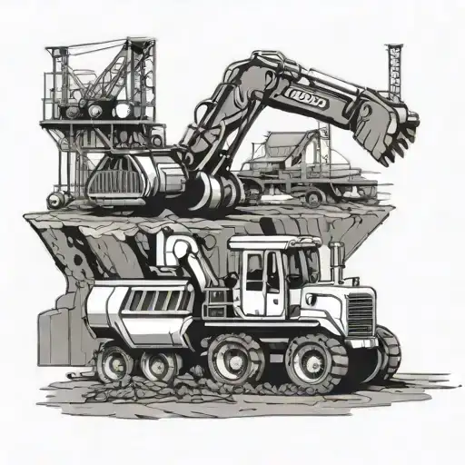 Full Construction site, with excavator, dozer, dump truck, paver, piping, roller tattoo design idea