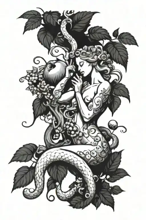 The garden of eden with eve reaching for the apple while the serpent is tempting her to take a bite tattoo design idea