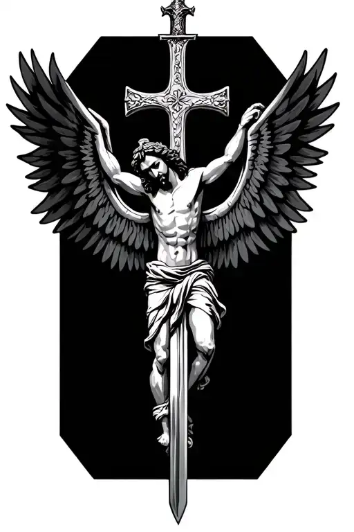 jesus on a sword cross, with black wings and flying no background tattoo design idea