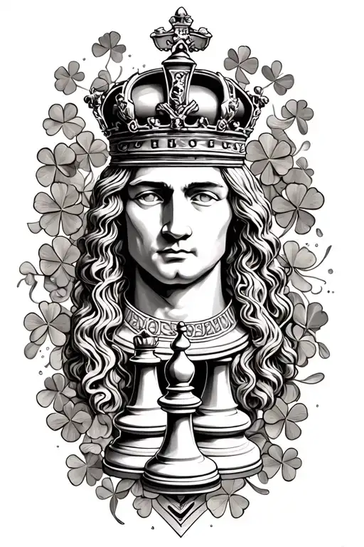 time chess king and 4 leaf clover surrounding  tattoo design idea