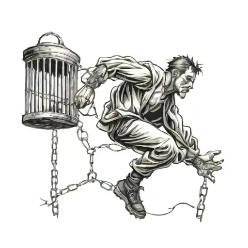 A figure leaping across rooftops, breaking out of a cage, or escaping chains tattoo design idea