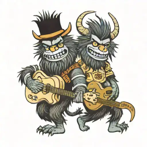 Characters from the book “where the wild things are” dancing in a line with guitars playing music tattoo design idea