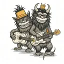 Characters from the book “where the wild things are” dancing in a line with guitars playing music tattoo design idea