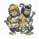 Characters from the book “where the wild things are” dancing in a line with guitars playing music tattoo design idea