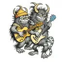 Characters from the book “where the wild things are” dancing in a line with guitars playing music tattoo design idea